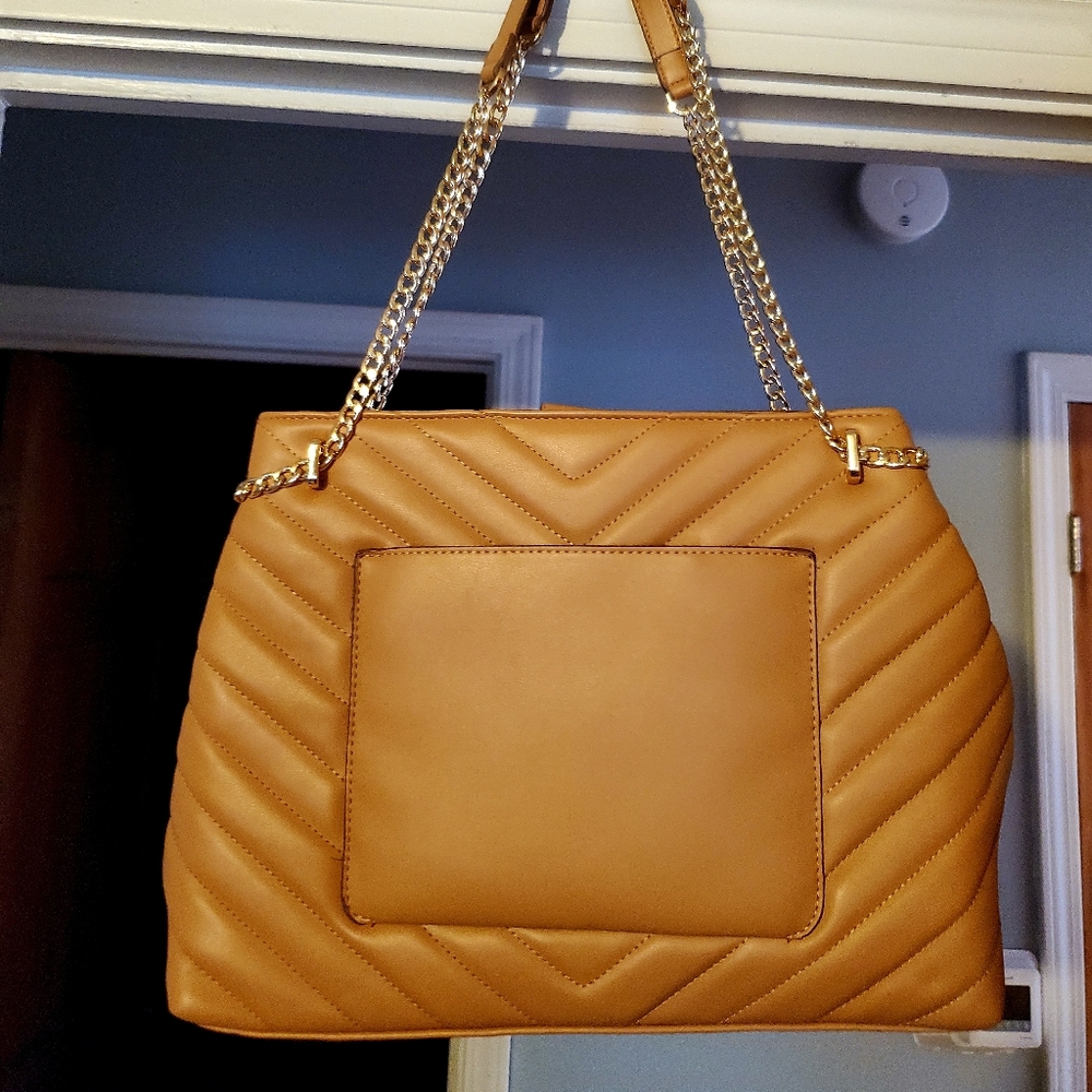 a new day quilted chain strap tote, tan, gold